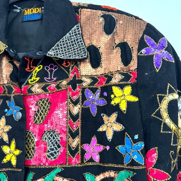 MODI DENIM VINTAGE ART TO WEAR JACKET Woman’s Medium sequin bling extra fancy - Picture 6 of 14